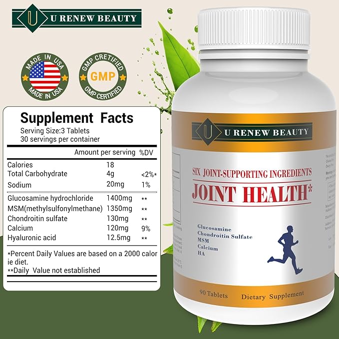 U Renew Beauty Glucosamine Chondroitin MSM and Hyaluronic Acid Calcium Supplements Used for Cartilage & Joint Health & Flexibility Repair Support Formula,Non-GMO Ingredients,Gluten Free,90 Tablets