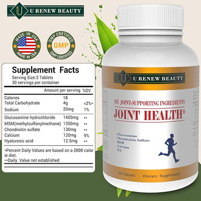 U Renew Beauty Glucosamine Chondroitin MSM and Hyaluronic Acid Calcium Supplements Used for Cartilage & Joint Health & Flexibility Repair Support Formula,Non-GMO Ingredients,Gluten Free,90 Tablets
