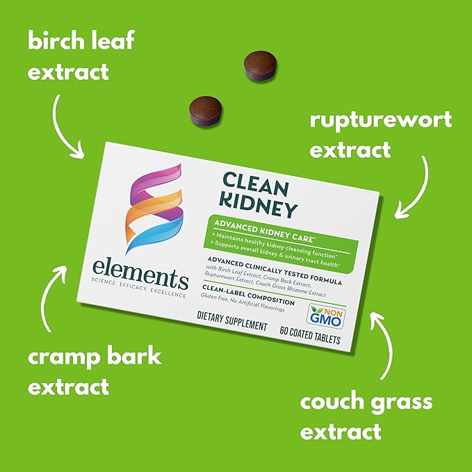 Elements Clean Kidney, 60 Tablets (30 Day Supply), Advanced Kidney Care Supplement, Supports Kidney and Urinary Tract Health and Normal Kidney Function, Gluten Free,