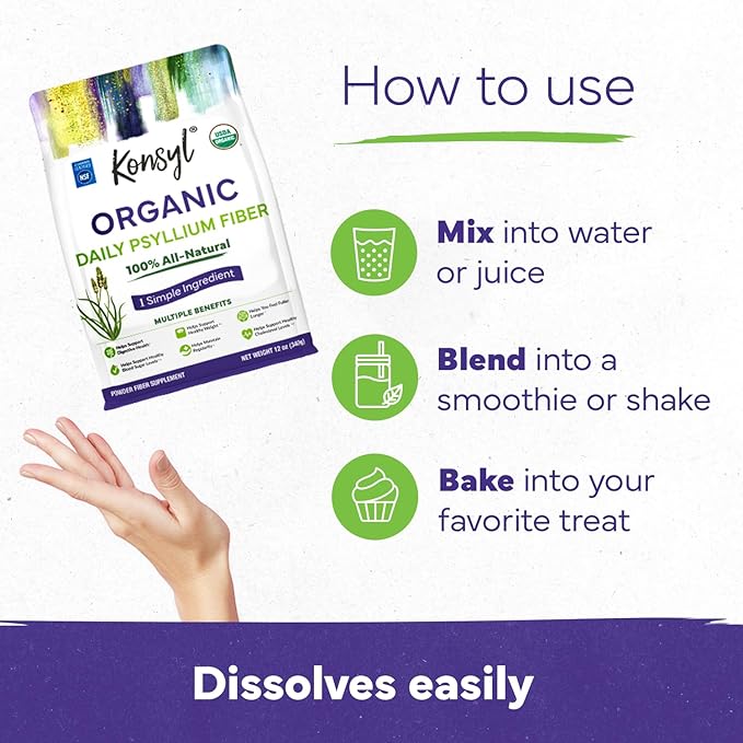 Konsyl Organic Psyllium Husk Powder, 5g of Plant Based Soluble Fiber per Serving – USDA Organic, Non-GMO, Gluten Free, Sugar Free, Vegan, 12 Ounce (Pack of 1)