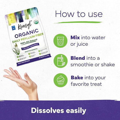 Konsyl Organic Psyllium Husk Powder, 5g of Plant Based Soluble Fiber per Serving – USDA Organic, Non-GMO, Gluten Free, Sugar Free, Vegan, 12 Ounce (Pack of 1)