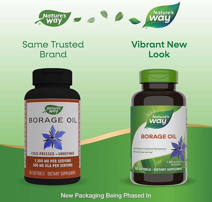 Nature's Way Borage Oil, Cold Pressed & Unrefined, GLA Supplement, 300 mg GLA and 440 mg Linoleic Acid per Serving, 60 Softgels (Packaging May Vary)
