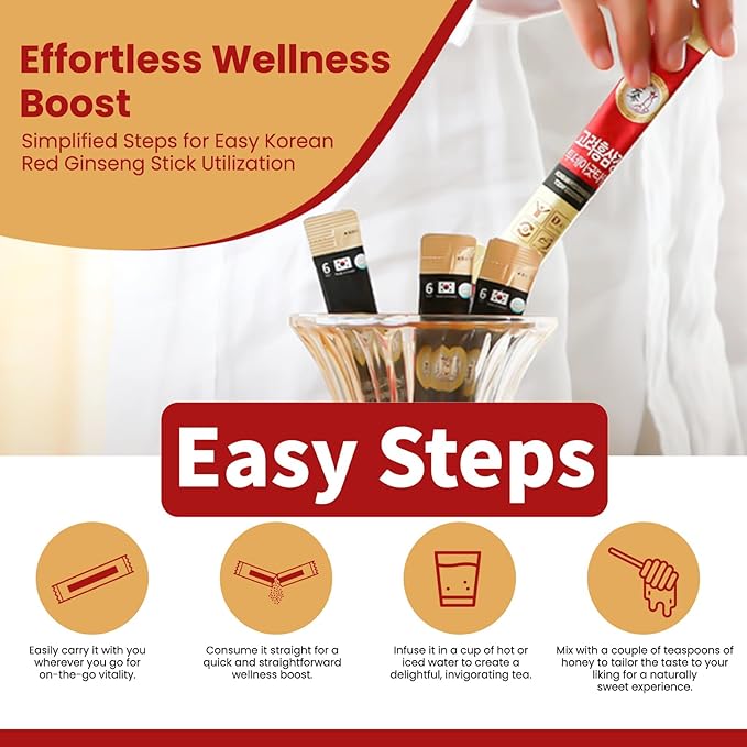 30 Pack of 0.53oz Korean Red Ginseng Extract Sticks - 6-Year-Old Ginseng for Optimal Benefits for You - Daily Upgrade - Perfect for Pre/Post Workout (30 Sticks of 0.53oz)
