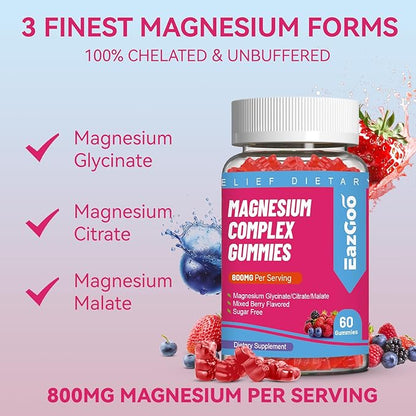 Magnesium Gummies 800mg - Vitamin D3, C, B6, B12 & Zinc Complex with Magnesium Glycinate, Citrate & Malate, Magnesium Complex Gummies for Muscle, Mood & Energy, Vegan 60 Counts