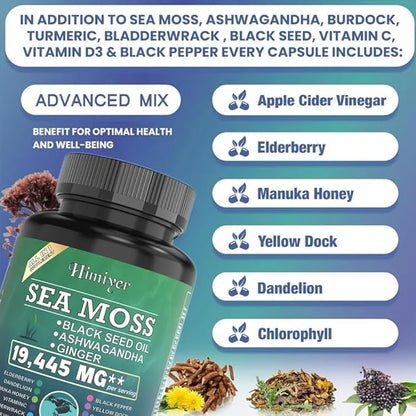2pcs, Ultimate Wellness Bundle - Boost Energy, Immunity & Brain Function with 7000mg Sea Moss, 4000mg Black Seed Oil, 2000mg Ashwagandha, 9000mg Ginger & Shilajit, Vegan-Friendly Supplement