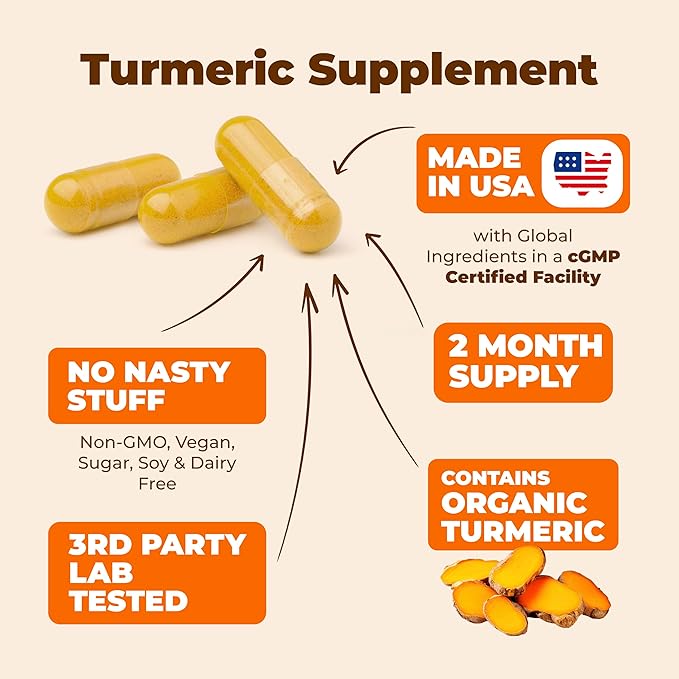 Turmeric Supplement - High Potency Turmeric Curcumin Supplement with 1200 mg Organic Tumeric and 95% Curcuminoids. Curcumin Supplements with Black Pepper for Immune & Joint Health. 60 Capsules 2 Pack