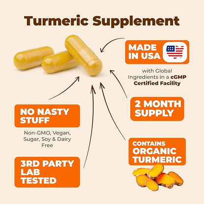 Turmeric Supplement - High Potency Turmeric Curcumin Supplement with 1200 mg Organic Tumeric and 95% Curcuminoids. Curcumin Supplements with Black Pepper for Immune & Joint Health. 60 Capsules 2 Pack