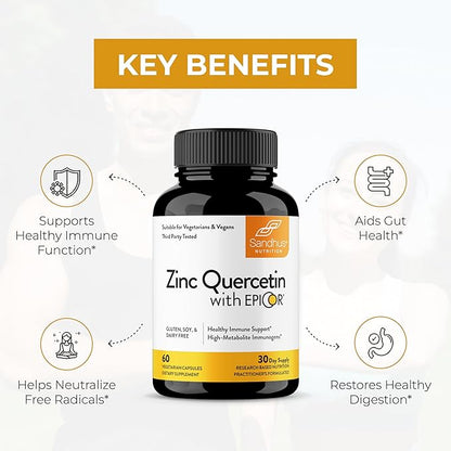 Sandhu’s Zinc Quercetin with EpiCor 60 Vegetarian Capsules - Gluten-Free Zinc Supplement - High Potency Immune Support