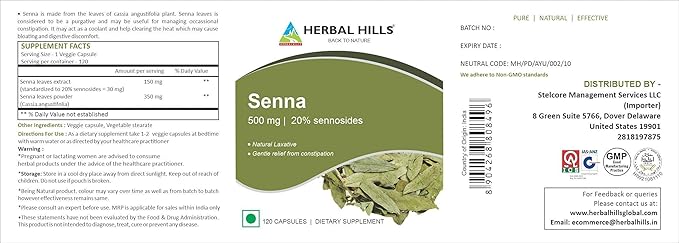 HERBAL HILLS Senna Capsules 120 & Aloe Vera Capsules 120 Count for Healthy Digestion and Detoxification Combo (Pack of 2) 240 Count