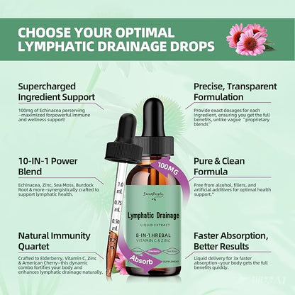 Liposomal Lymphatic Drainage Supplements - 10-in-1 Vegan Lymphatic Drainage Drops with Echinacea & Burdock Root - Immune & Detox Boost, Advanced Absorption, Non-GMO (1 fl oz, 2 Pack)