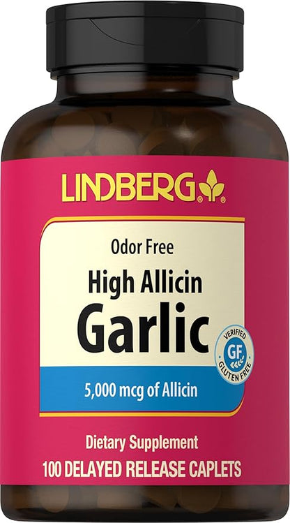 Lindberg Garlic Supplement 5000mg | 100 Caplets | High Allicin Odorless Garlic | Non-GMO, Gluten Free