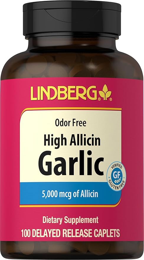 Lindberg Garlic Supplement 5000mg | 100 Caplets | High Allicin Odorless Garlic | Non-GMO, Gluten Free