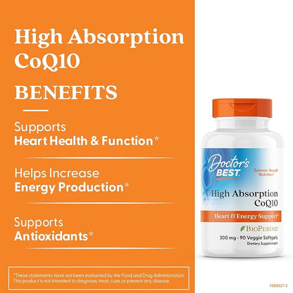 Doctor's Best High Absorption CoQ10, Heart & Energy Support, USP Verified, Naturally Fermented CoQ10, Non-GMO Gluten Free, Soy Free, Vegetarian 90 Veggie Softgels