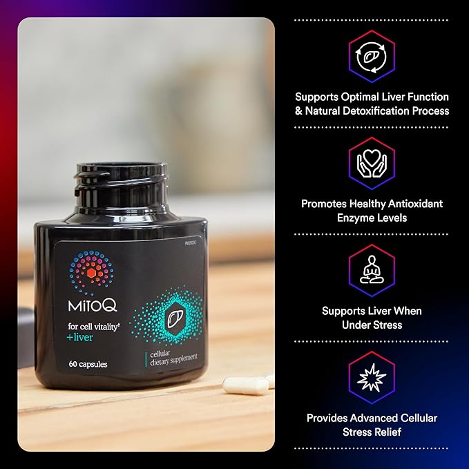 MitoQ +Liver Premium CoQ10 Antioxidant - Contains Mitoquinol Mesylate, Choline, Milk Thistle, Selenium - Supports Metabolism, Liver Health, Body’s Natural Detoxification & Cell Vitality (60 Capsules)