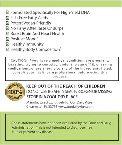 Our Daily Vites Vegan Omega-3 Supplement - Marine Algal Source for DHA & EPA Fatty Acids - Plant-Based Fish Oil Alternative - Carrageenan Free Softgels for Eye Health & Optimal Wellness