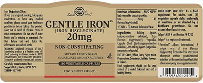 Solgar Gentle Iron - Ideal for Sensitive StomachsRed Blood Cell Supplement, , Non Constipating & GMO, Vegan, Gluten & Dairy Free, Kosher - 180 Servings, Unflavored, 180 Count