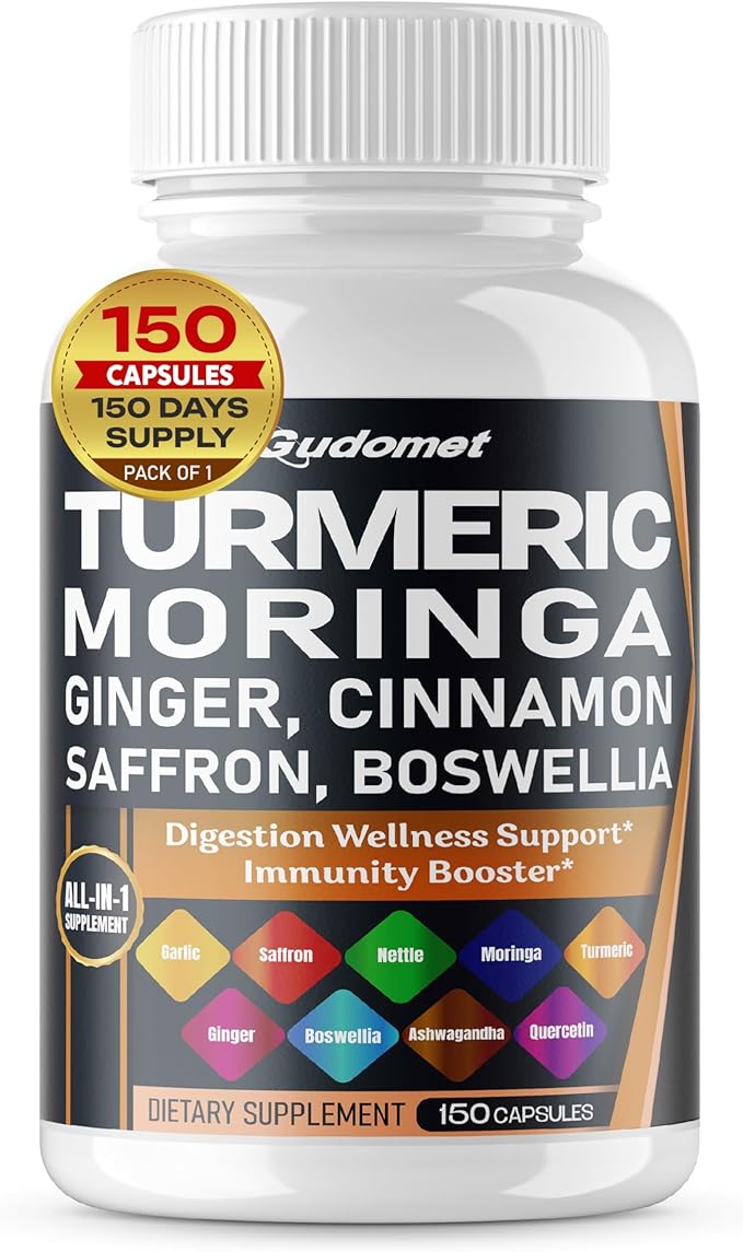 Turmeric Moringa Ginger Boswellia Quercetin Cinnamon Saffron Tart Cherry Odorless Garlic Nettle -150 Capsules- Made in USA