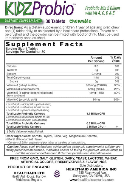 KidzProbio Chewable 30 CT Once Daily with Vitamin A, C, D+E, Probiotic Mix, 2 Billion CFU, 5 Selected Strains, Blackcurrant Flavor, Acid & Bile Resistant, Dairy Free, Vegetarian