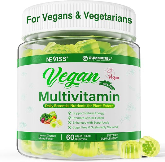 Vegan Multivitamin for Women & Men with Methyl Vitamin B12, D3 K2, Plant Based Omega 3 (DHA+EPA), Iron, Choline, Zinc, Whole Food Daily Vitamins Gummies for Vegans & Vegetarians, Sugar Free, 60 Counts