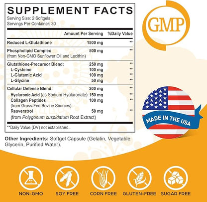 Liposomal Glutathione – High Potency, Glutathione Supplement, with Hyaluronic Acid, Collagen Peptides, and Resveratrol, Ultimate Antioxidant - Energy, Skin & Detox, 120 Softgels