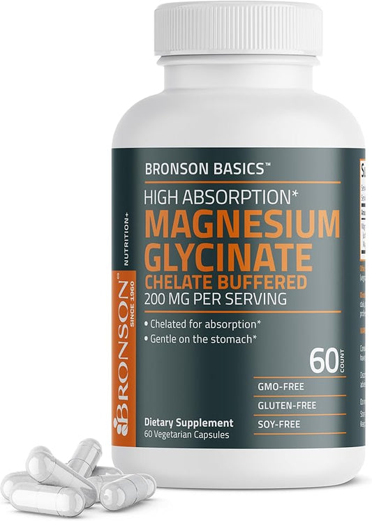 Bronson Magnesium Glycinate 200mg High Absorption Chelated Buffered Gentle On The Stomach Non-GMO, 60 Vegetarian Capsules