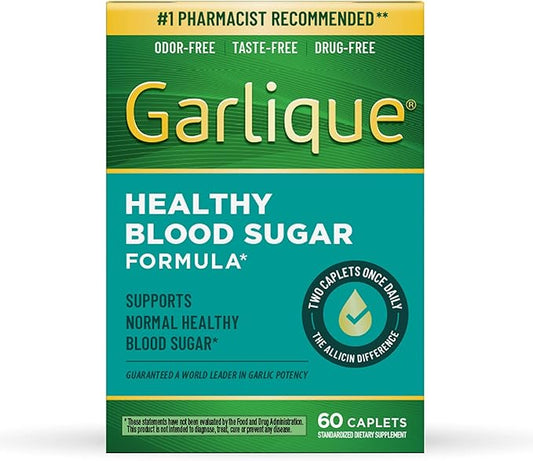 Garlique Garlic Extract Supplement, Healthy Blood Sugar Formula, 6000 mcg allicin, Odorless & Vegan, 60 Caplets