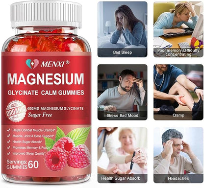 Magnesium Gummies 600mg per Serving-Magnesium Glycinate 400mg and Magnesium Malate 200mg,Sugar Free Magnesium Potassium Supplement for Calm Mood, Muscle, Bone & Sleep Support,60 Raspberry Gummies