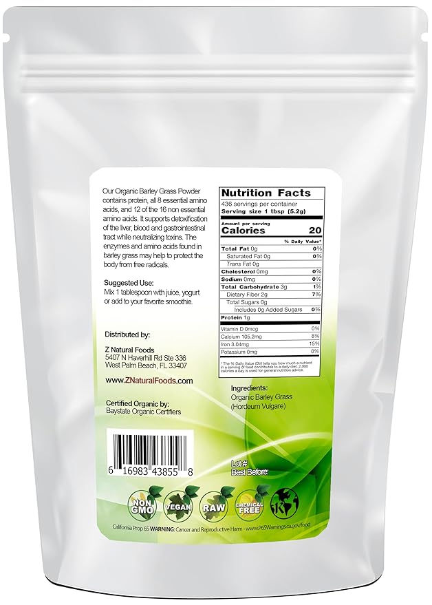 Z Natural Foods Organic Barley Grass Powder - USDA Organic Whole Food Green Blend for Energy Boost, Detox & pH Balance with Amino Acids, Minerals - Antioxidant Mix for Juice, Water, Smoothies, 5 lbs