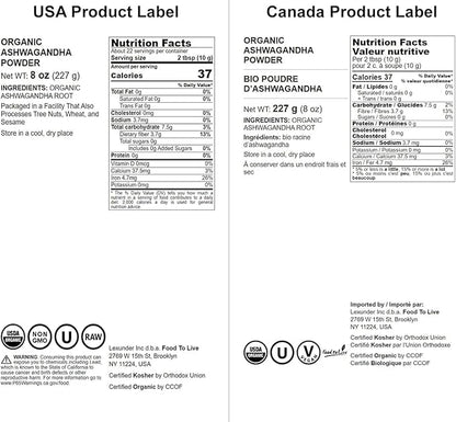 Food to Live Organic Ashwagandha Root Powder, 8 Ounces - Non-GMO, Finely Ground Indian Ginseng, Pure, Raw, Vegan. Easy to Mix. Adaptogenic Herb.