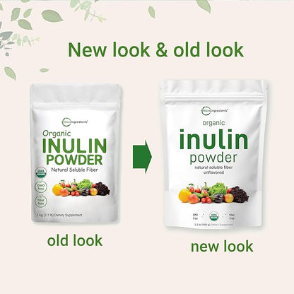 Organic Inulin FOS Powder (Jerusalem Artichoke), 2.2 Pounds (35 Ounce), Quick Water Soluble, Prebiotic Intestinal Support for Colon and Gut Health, Natural Fibers for Smoothie & Drinks, Vegan Friendly