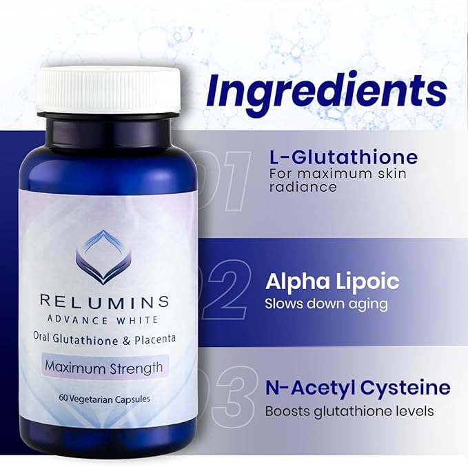 Relumins Advanced White Oral Glutathione Brightening Formula Capsules- Max Strength New with Rose HIPS - 60 Capsules x 3 Bottles