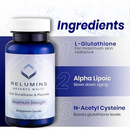 Relumins Advanced White Oral Glutathione Brightening Formula Capsules- Max Strength New with Rose HIPS - 60 Capsules x 3 Bottles