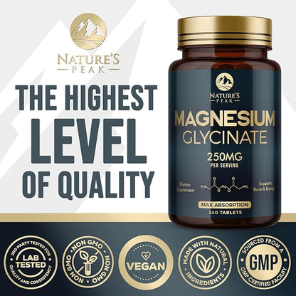 Magnesium Glycinate Chelated for Max Absorption - Supports Bone, Muscle, Nerves & Heart Health, Nature's Sleep and Stress Support, Best Magnesium Supplement Pills for Whole Body Support - 240 Tablets