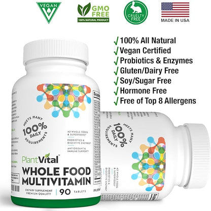 Plantvital Whole Food Multivitamin - Multivitamins with 42 Superfoods Raw Veggies and Fruits Vitamins Earth Energy Fruits and Veggies Supplement Pure Fruit and Vegetable Supplements - 180 Tablets
