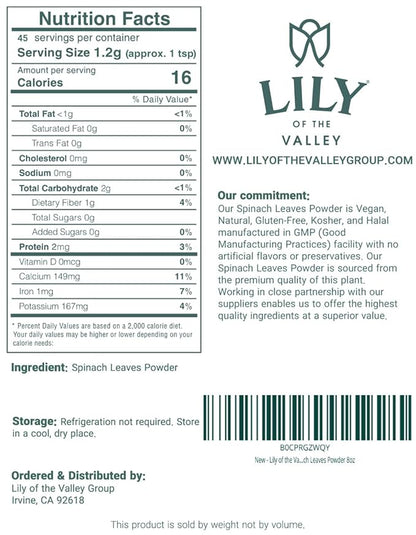 Lily of the Valley Spinach Powder - Green Superfood Powder for Juice, Smoothies, Soups, Baked Dishes & Recipes - Vegan & Gluten-Free - Packed in Resealable Pouch (16oz, 453g)