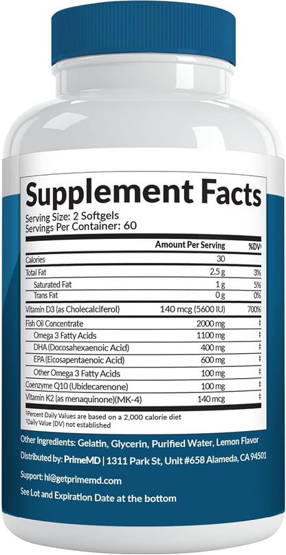 5-in-1 Fish Oil Omega 3 Fatty Supplements (2100mg) - Omega 3 Fish Oil with Vitamins D3 K2 and CoQ10 - Lemon Flavored (120 softgels)