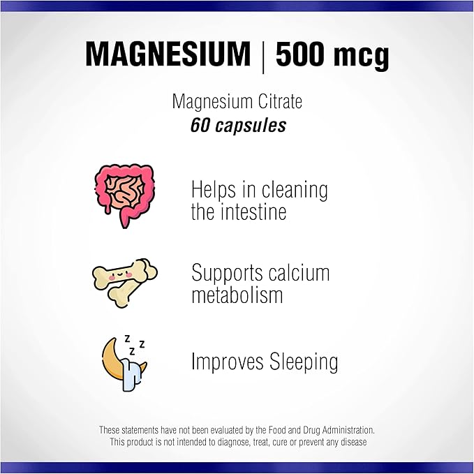 Magnesium Citrate 500mg 60 Capsules by Natural Systems - Magnesium Supplement Powder Muscle Calm - Magnesium Citrate Supplement for Constipation - Magnesium Citrate Powder Capsules for Natural Slim