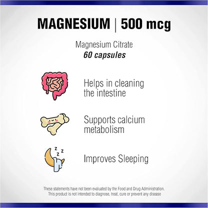 Magnesium Citrate 500mg 60 Capsules by Natural Systems - Magnesium Supplement Powder Muscle Calm - Magnesium Citrate Supplement for Constipation - Magnesium Citrate Powder Capsules for Natural Slim
