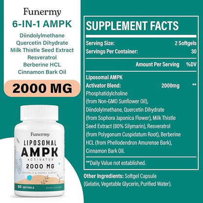 Liposomal AMPK Activator 2000 mg - High Bioavailability Berberine HCL,DIM,Milk Thistle,and Cinnamon Bark Capsule 6-in-1 AMPK Supplements for Antioxidant Support and Cellular Regulation, 60 Softgels