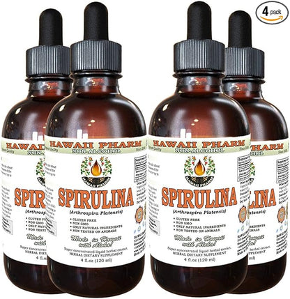 Spirulina Alcohol-Free Liquid Extract, Organic Spirulina (Arthrospira platensis) Dried Algae Glycerite Natural Herbal Supplement, Hawaii Pharm, USA 4x4 fl.oz
