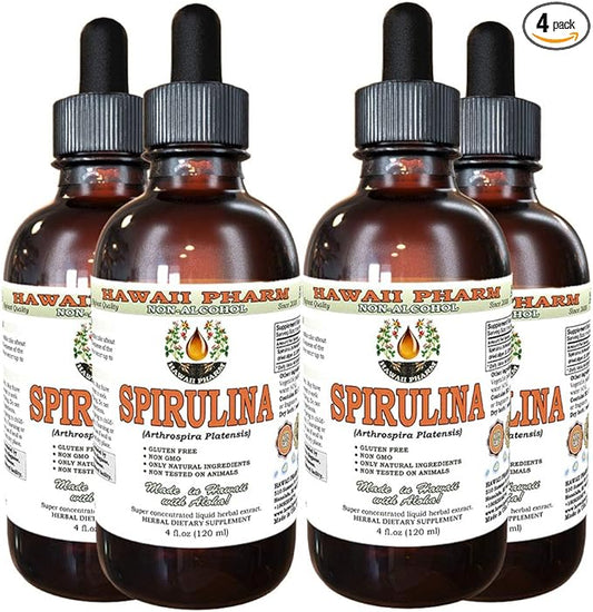 Spirulina Alcohol-Free Liquid Extract, Organic Spirulina (Arthrospira platensis) Dried Algae Glycerite Natural Herbal Supplement, Hawaii Pharm, USA 4x4 fl.oz