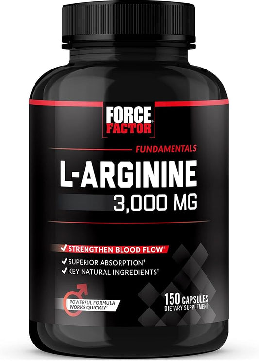FORCE FACTOR L-Arginine Nitric Oxide Supplement with BioPerine to Help Build Muscle and Support Stronger Blood Flow, Circulation, Nutrient Delivery, and Pumps, L-Arginine 3000mg, 3g, 150 Capsules