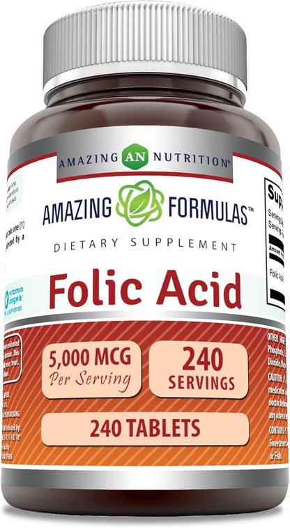 Amazing Formulas Folic Acid Supplement | 5000 Mcg | Tablets | Non-GMO | Gluten Free | Made in USA (240 Count)