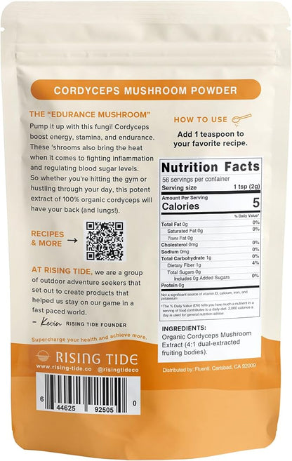 Rising Tide Organic Cordyceps Mushroom Powder - Highly Concentrated Cordyceps Extract Powder to Boost Energy, Stamina, and Athletic Performance - 4 OZ Vegan, Non-GMO