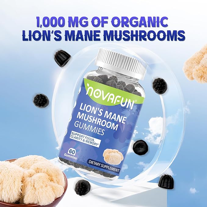 Lion's Mane Mushroom Gummies – 1000mg for Focus & Cognitive Support, Vegetarian & Gluten-Free, Mixed Berry Flavor, 60 Count