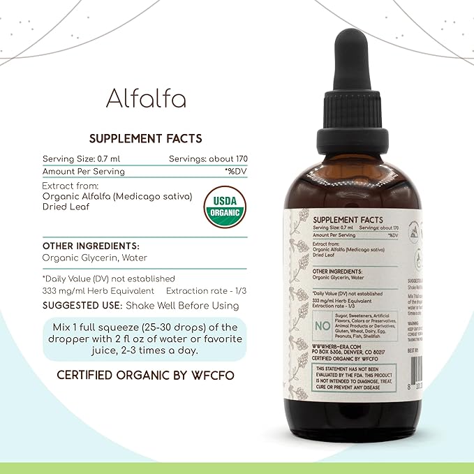 Alfalfa B120 USDA Organic Tincture | Alcohol-Free Extract, High-Potency Herbal Drops | Certified Organic Alfalfa Dried Leaf (4 oz)
