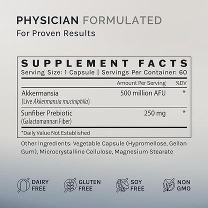 Akkermansia Muciniphila, 60 Capsules (60 Day Supply), Gut Health Support for Women & Men, Probiotic with Prebiotic Fiber, Increases GLP-1 Production, Delayed Release, 500M AFU Live Strain