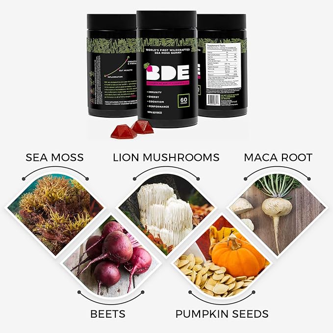 BDE Wildcrafted Sea Moss Gummy Maca Root, Beets, Lions Mane Mushroom, Vitamin D + E - Vegan Collagen, Zinc, Immunity & Detox, Gut Health - 60 Count