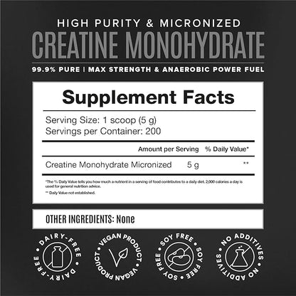 Micronized Creatine Monohydrate Powder, Muscle Recovery, Caffeine Free, Creatine Pre Workout, Vegan, Post Workout, Gluten Free, Sugar Free | 200 Servings (5 Grams Each) | 2.2lb.