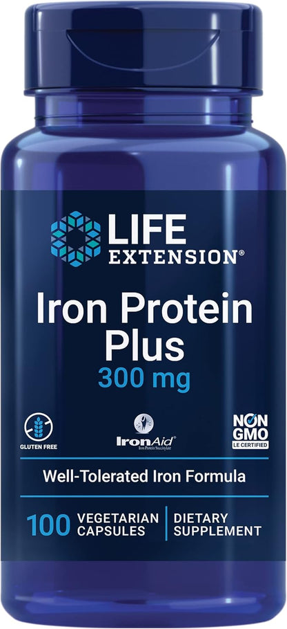 Life Extension Iron Protein Plus, Iron Protein succinylate, absorbable Iron Supplement for Whole-Body Health, Non-GMO, Gluten-Free, Vegetarian, 100 Capsules